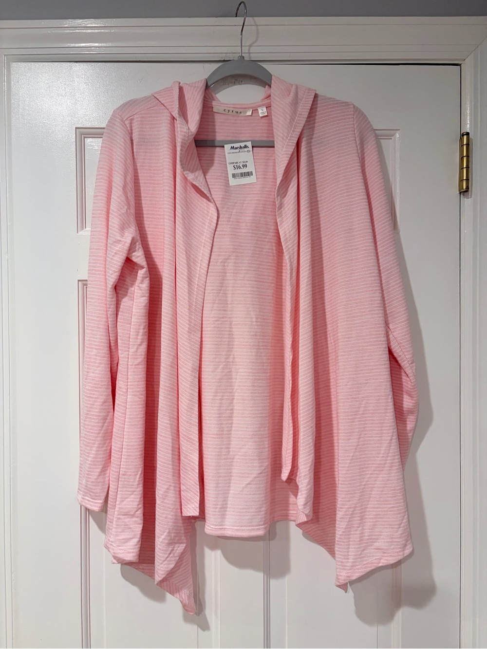 Cyrus Pink White Striped Hooded Open Front Cardigan Size L NWT